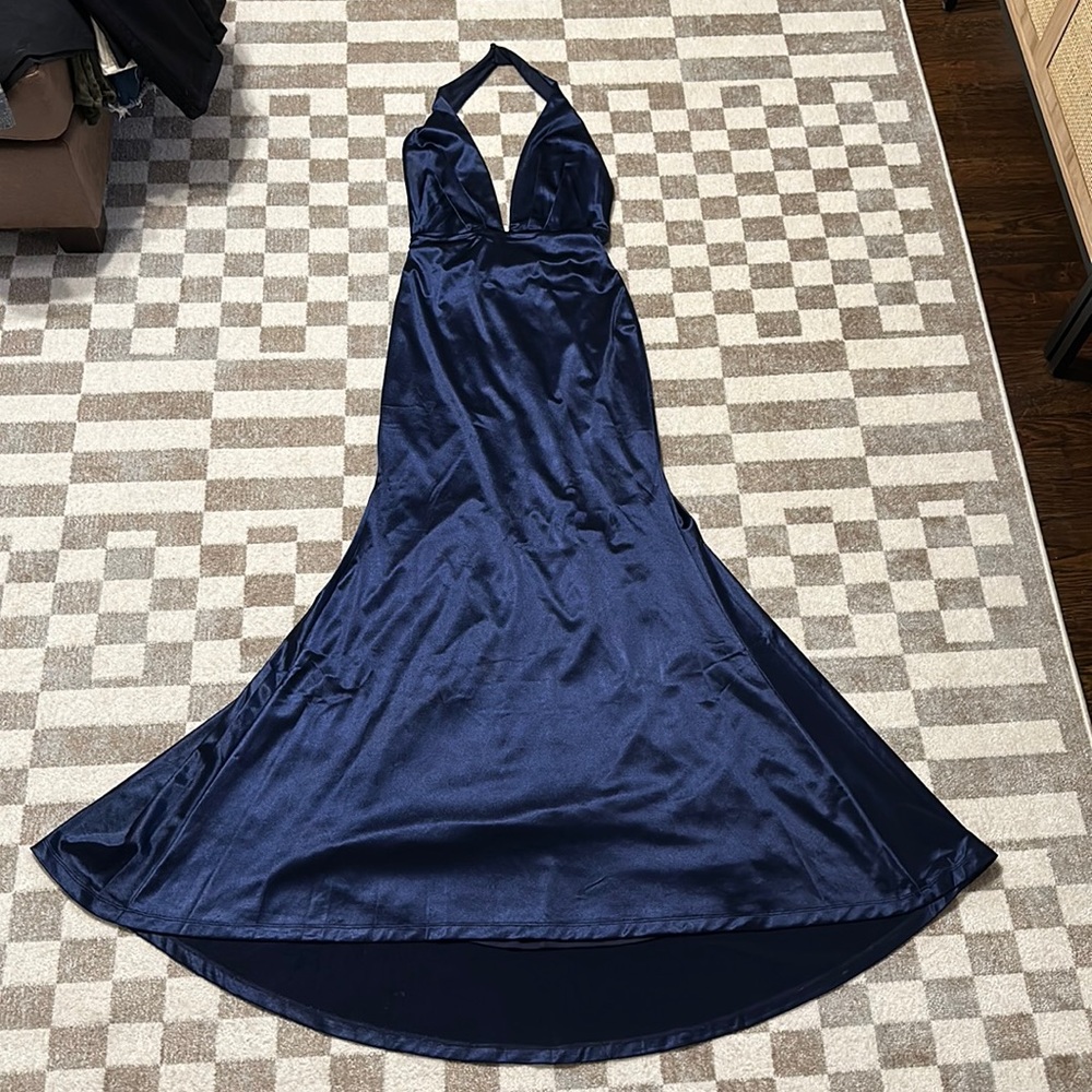 Lulus Blue backless halter satin floor length dress